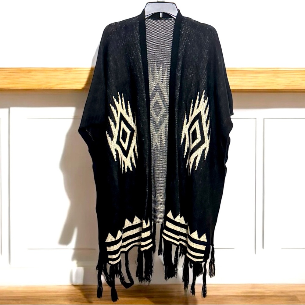 Black Aztec Design Cardigan With Fringe On Bottom